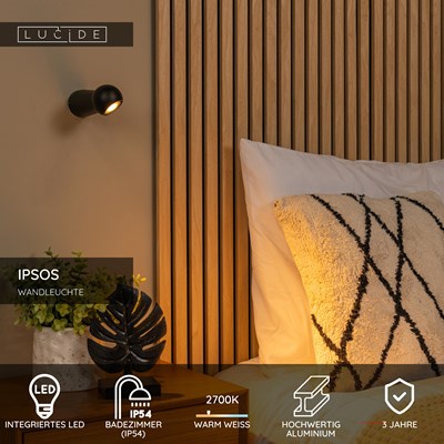 Lucide IPSOS - Wandleuchte Badezimmer - LED - 1x6W 2700K - IP54 - Schwarz